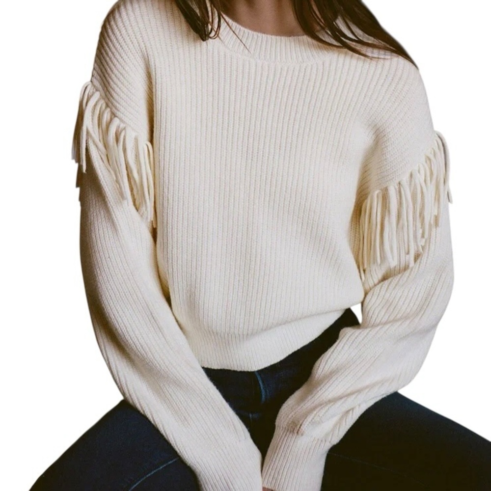 Z Supply On The Fringe Sweater Ivory Sea Salt Fringe Crewneck Size L